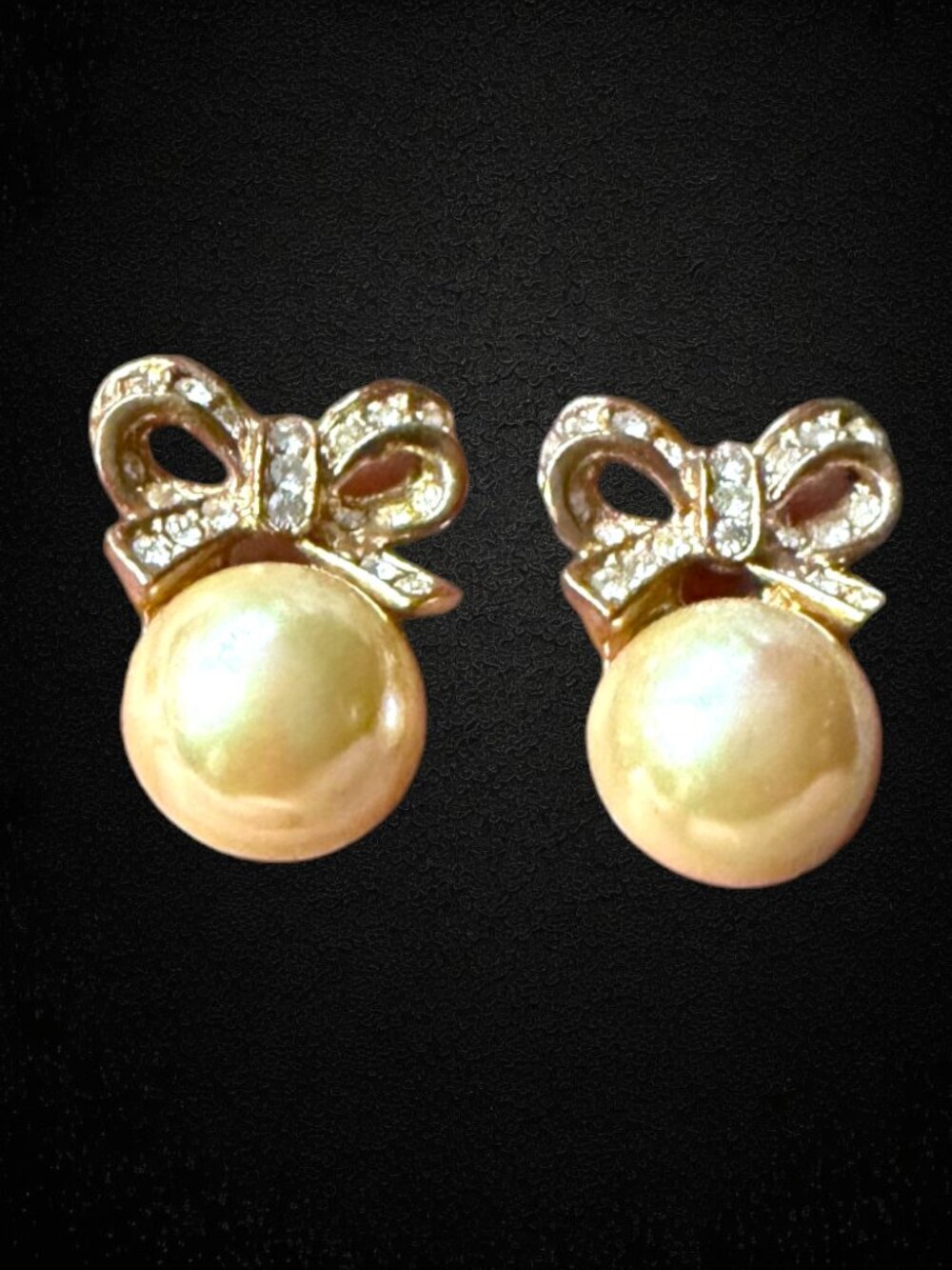 Vintage Signed Roman Gold Tone Bow Faux Pearl Rhinestone Stud Earrings Pierced